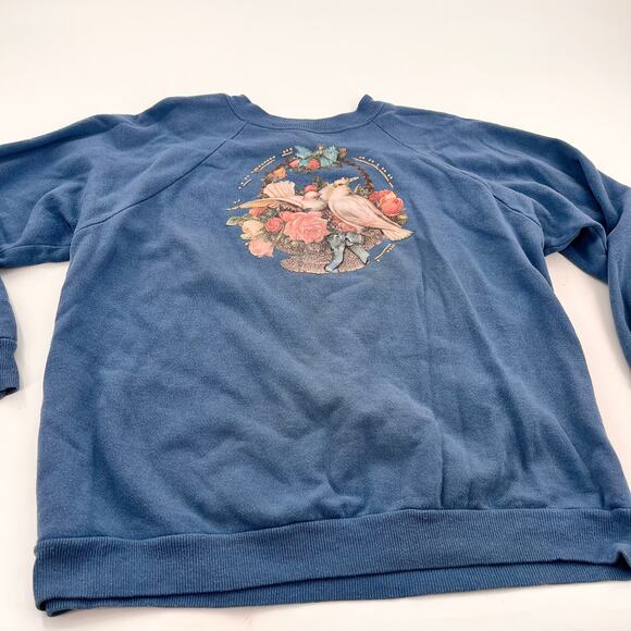 Vintage Sweaters - vintage women's raglan embellished sweater doves floral graphic dusty blue XL